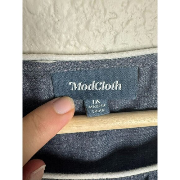 ModCloth Women's Sleeveless Top Blue White Polka Dot Flowy Size 1X Cotton - Picture 6 of 11